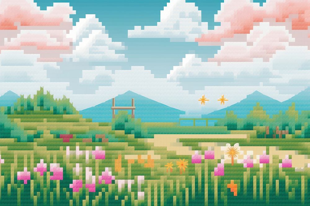 Cross stitch easter landscape outdoors painting.