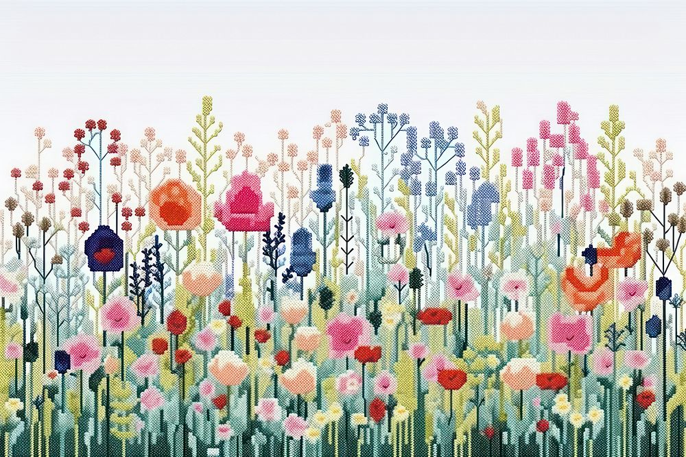 Cross stitch flower field graphics painting outdoors.