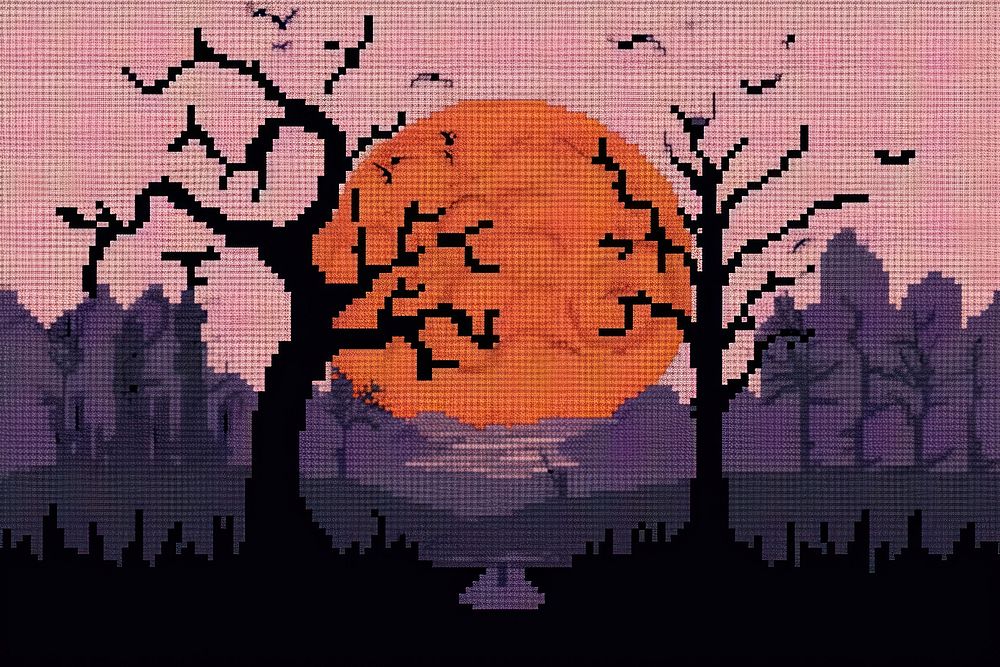 Cross stitch halloween landscape graphics silhouette.
