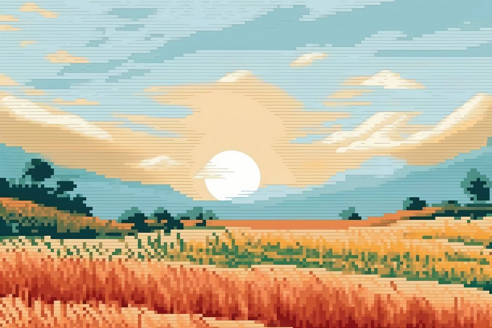 Cross stitch harvest landscape agriculture countryside.