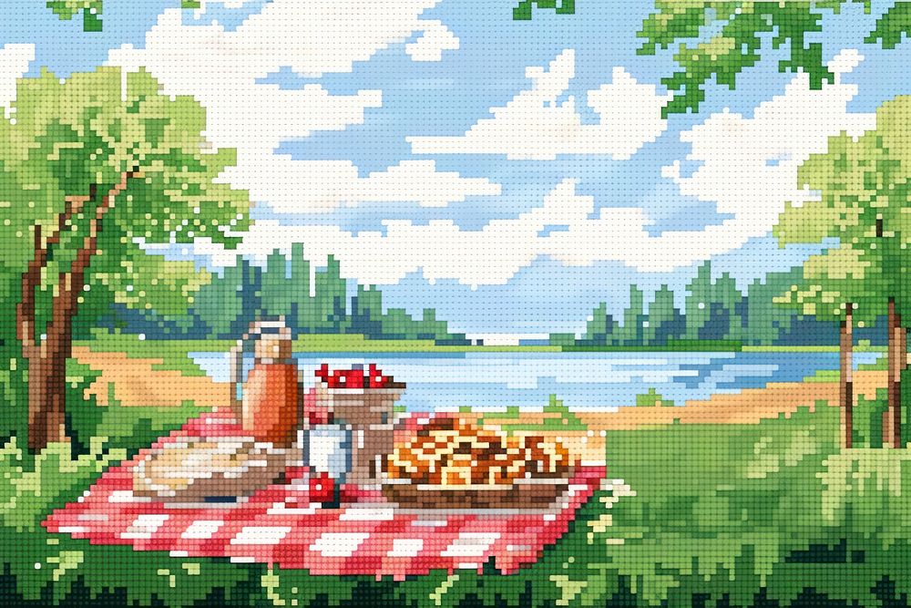 Cross stitch picnic recreation outdoors person.