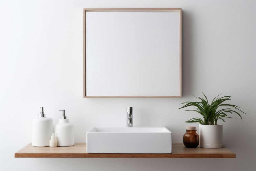 White bathroom sink plant white board.