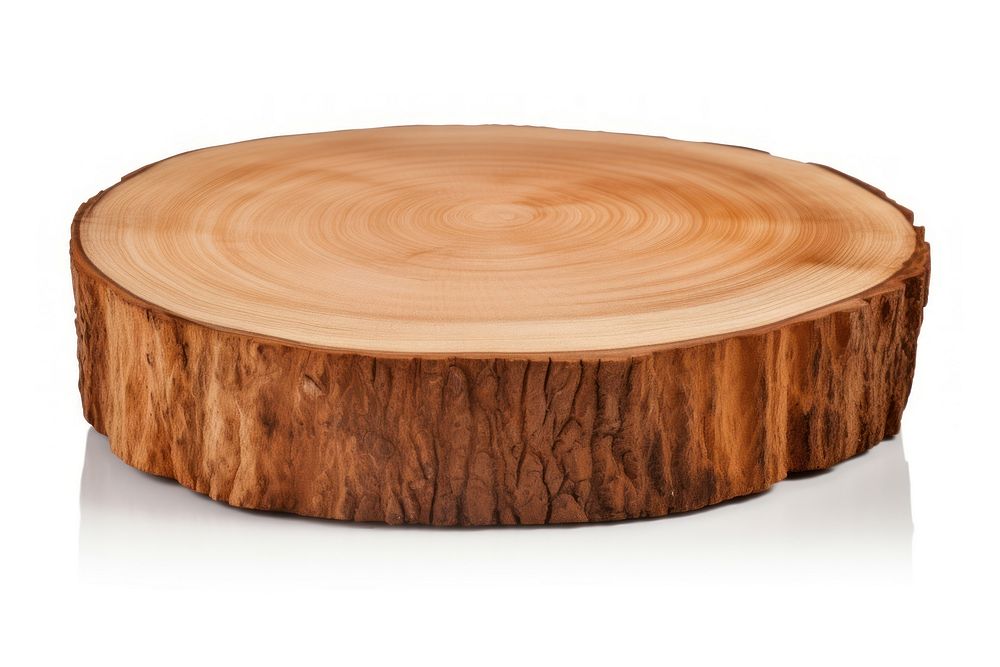 Circle wooden podium with bark wood slab furniture plant table.