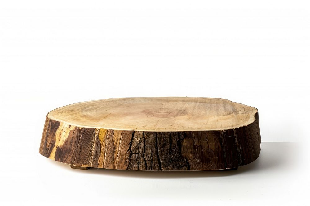 Circle wooden podium with bark wood slab furniture plant table.