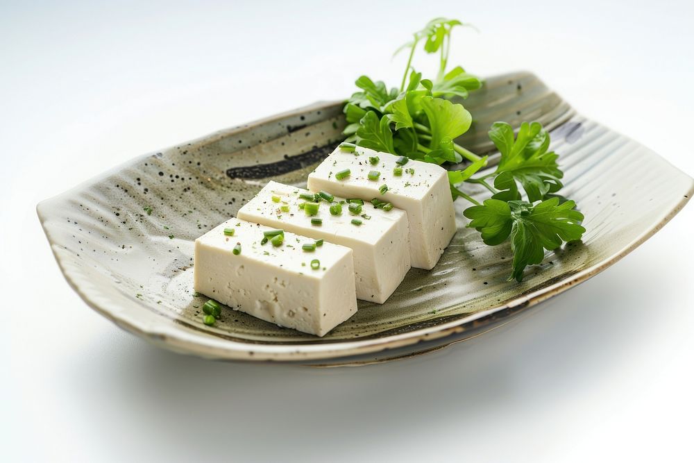 Tofu on plate cilantro herbs plant.