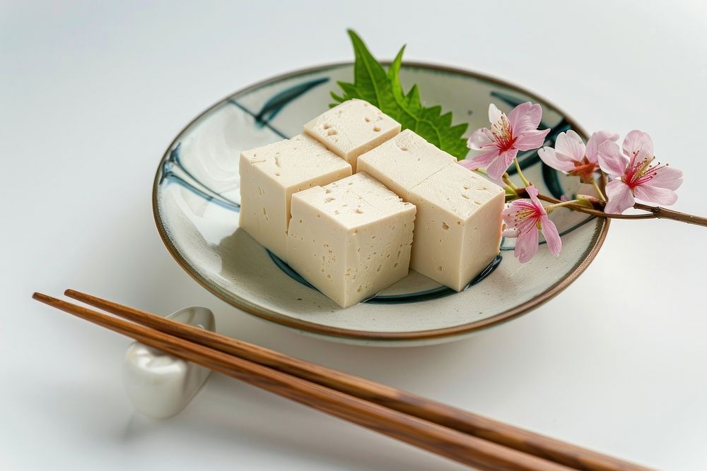 Tofu on plate chopsticks food food presentation.