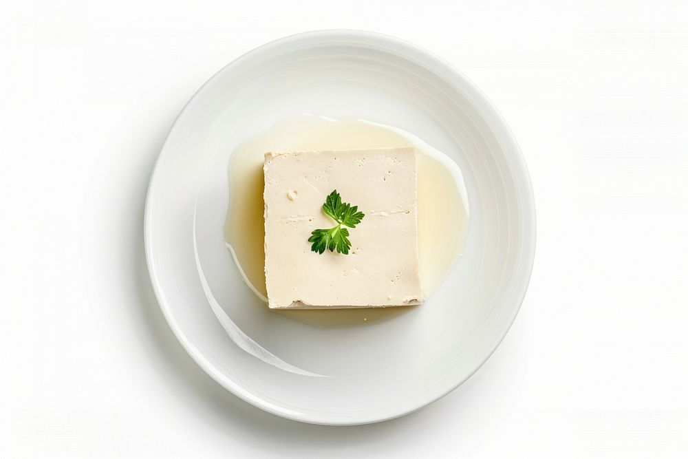 Tofu on plate butter food food presentation.