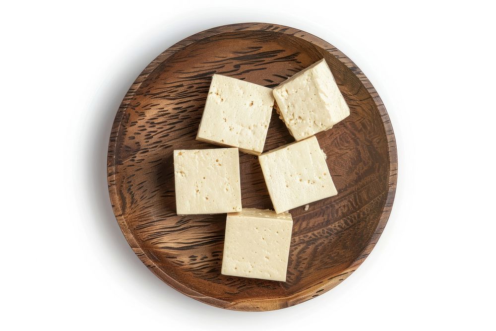 Tofu on wood plate cheese food.