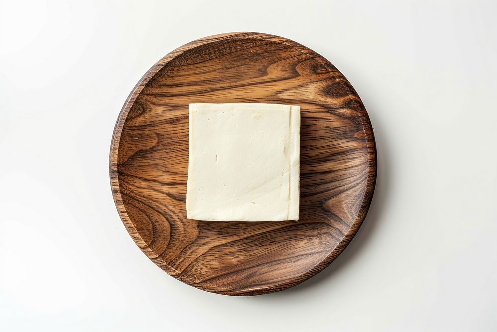 Tofu on wood plate food.