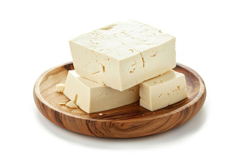 Tofu on wood plate dessert cheese cream.