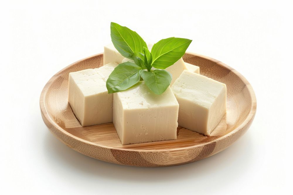 Tofu on wood plate plant food leaf.