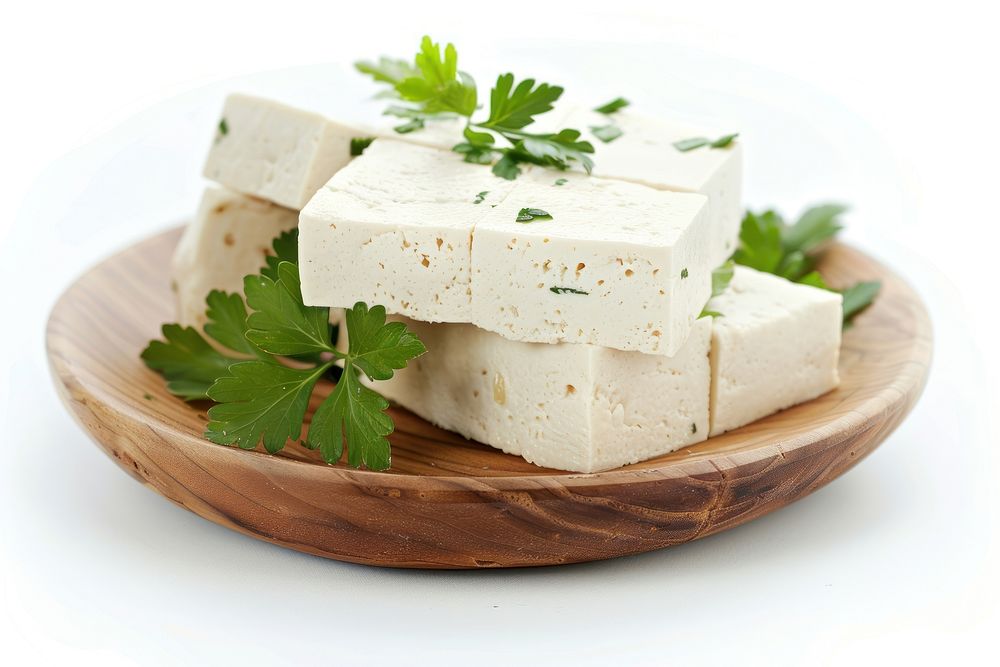 Tofu on wood plate herbs plant food.