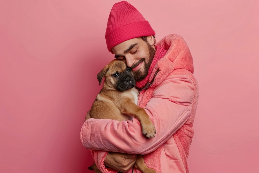 Man hugging puppy person pet clothing.