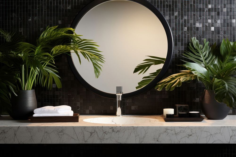 Freestanding black rock vanity counter plant interior design indoors.