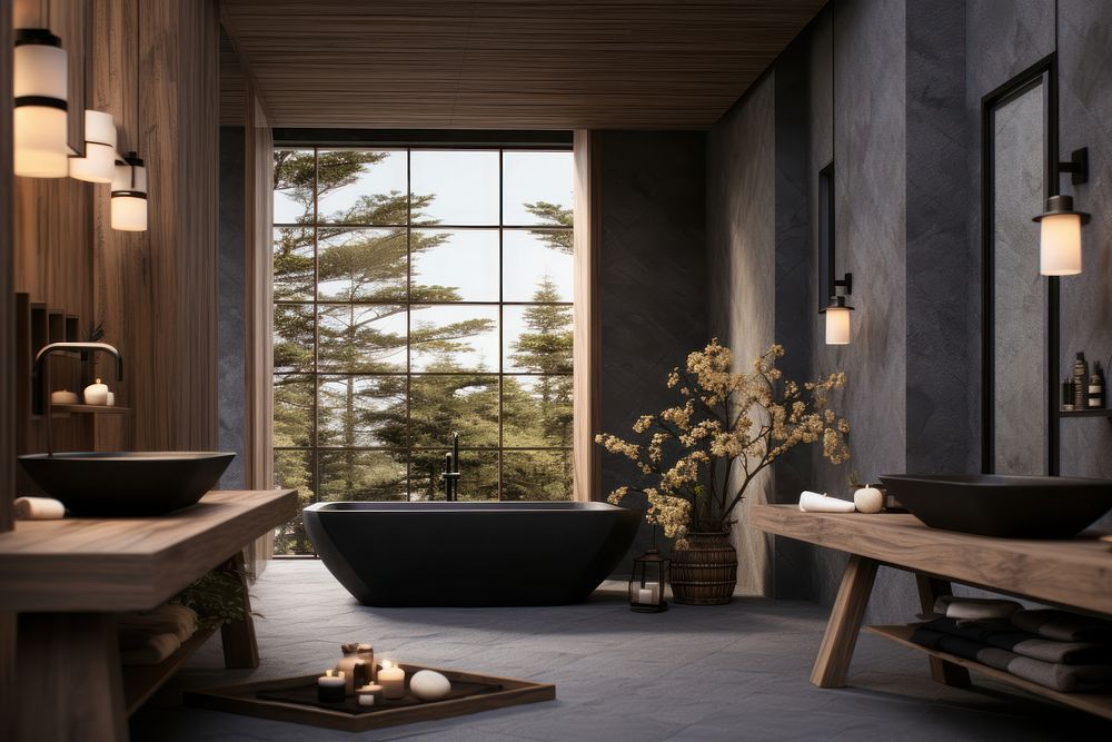 Japandi style bathroom interior indoors bathing bathtub.