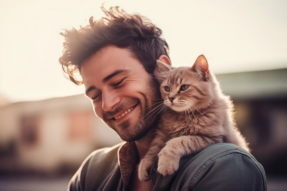 Man hugging cat person photo pet.
