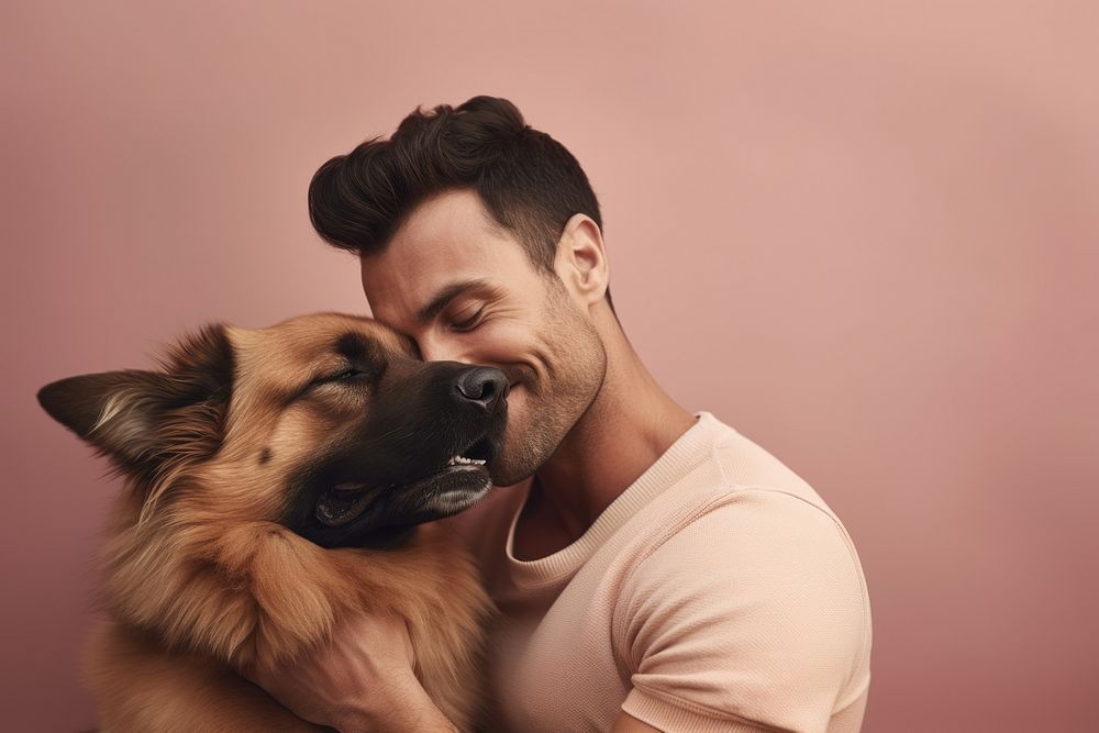 Man hugging dog person photo pet.