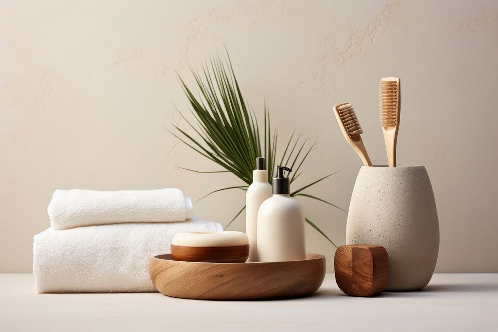 Natural bathroom essentials at the spa toothbrush pottery planter.