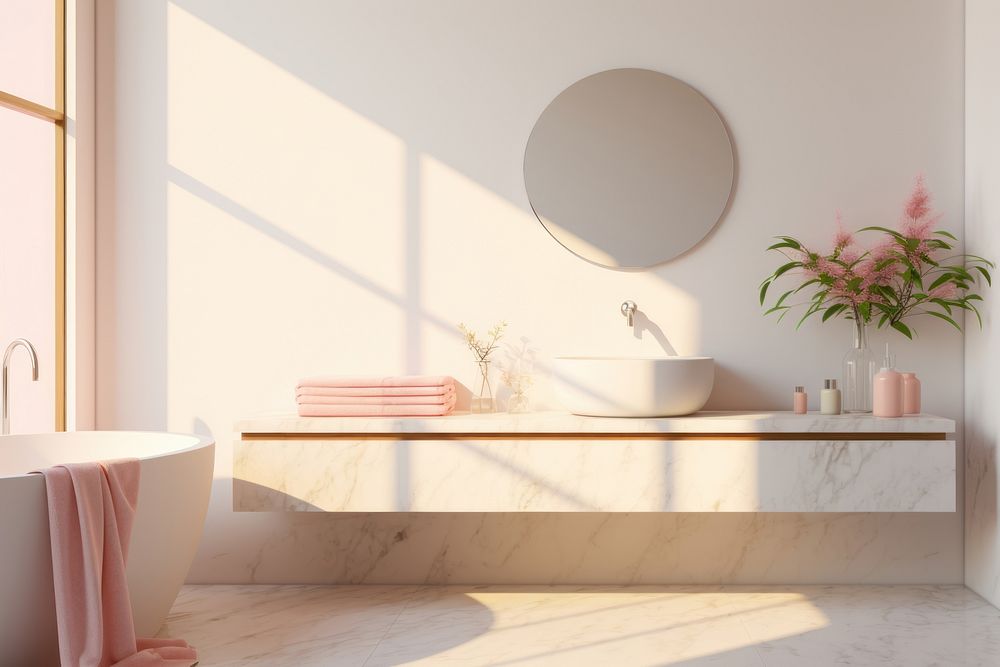 Bathroom interior in a minimal house windowsill bathing indoors.