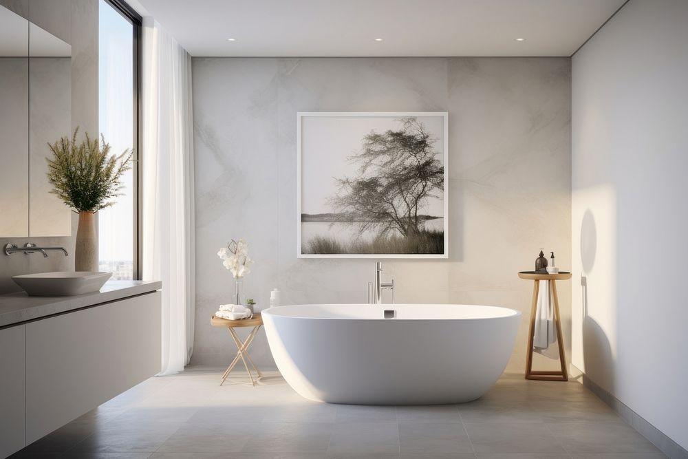 Bathroom interior in a luxury house painting bathing bathtub.