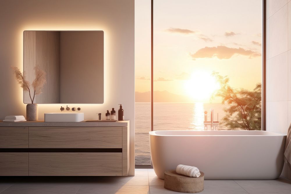 Bathroom interior in a luxury house bathing bathtub indoors.