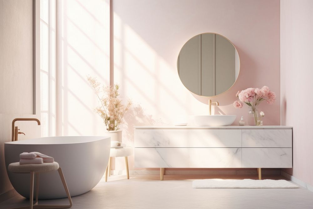 Bathroom interior in a minimal house furniture bathing bathtub.