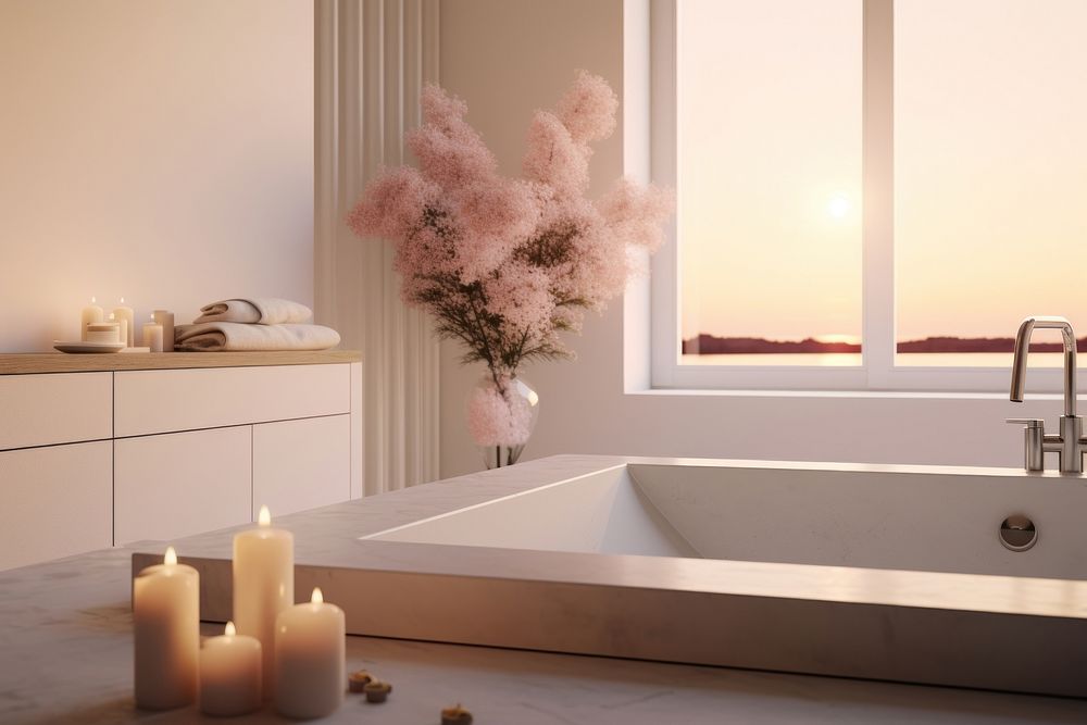 Bathroom interior in a luxury house bathing blossom bathtub.