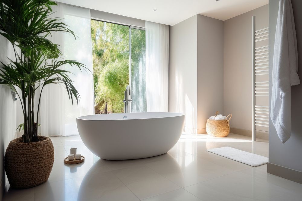 Bathroom interior in a luxury house bathing bathtub indoors.