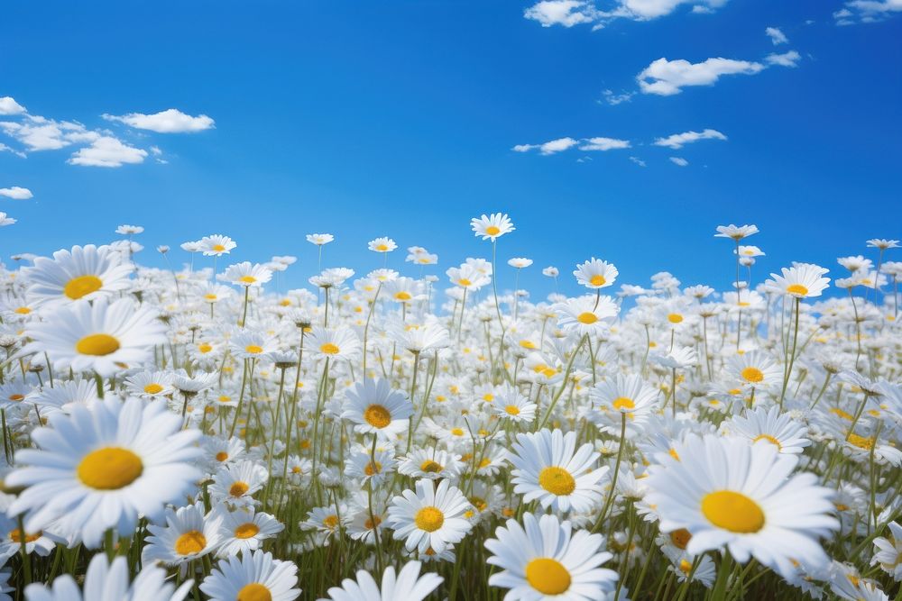 Vibrant and expansive field of Daisy under a blue background daisy petal asteraceae.