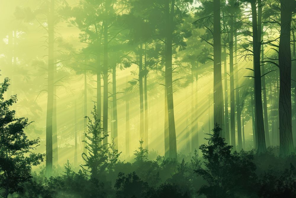 A forest with tall trees green mist vegetation.