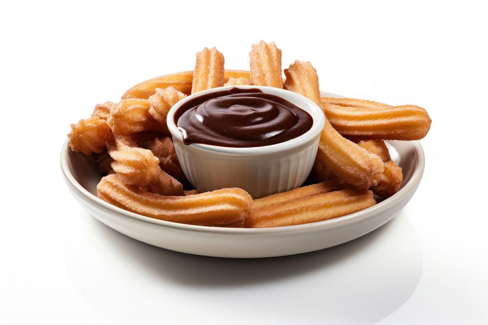 Churros dipped in chocolate sauce ketchup fries food.