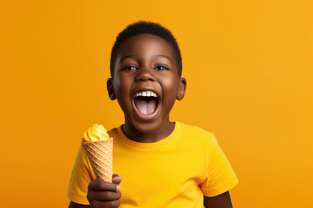 Black kid eating ice cream clothing dessert apparel.