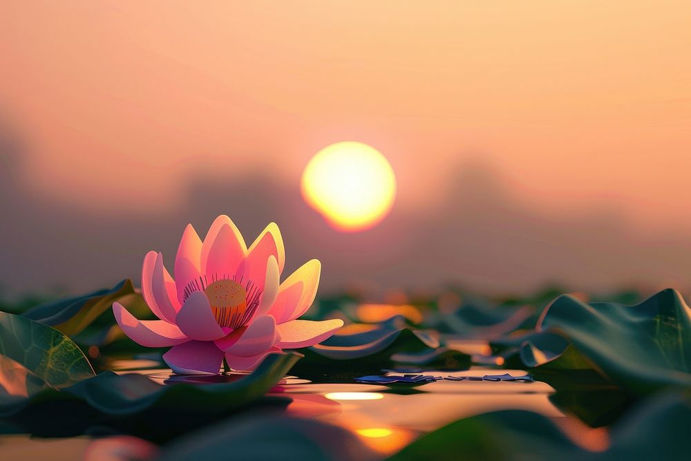 3D Illustration of lotus sunrise outdoors blossom.