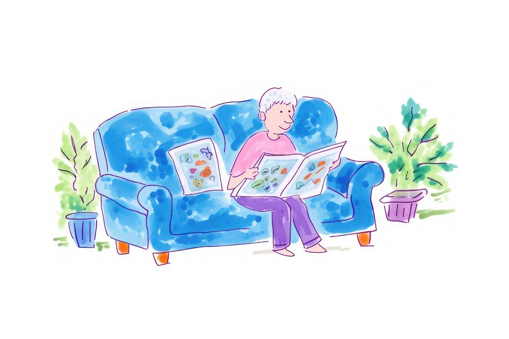 Doodle illustration old man sitting reading cartoon illustrated.