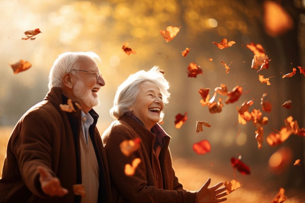 Elderly couple joyfully autumn happy face.