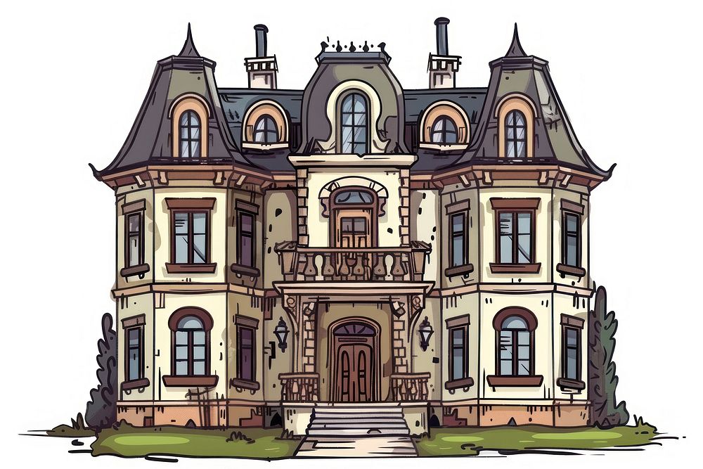 Hand drawn illustration of mansion architecture building housing.