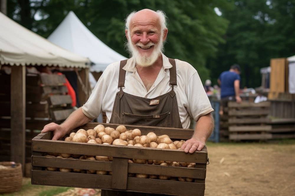 Old man farmer smiling holding vegetable crate accessories accessory produce.