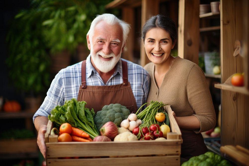 Old man farmer smiling holding vegetable crate produce female person.