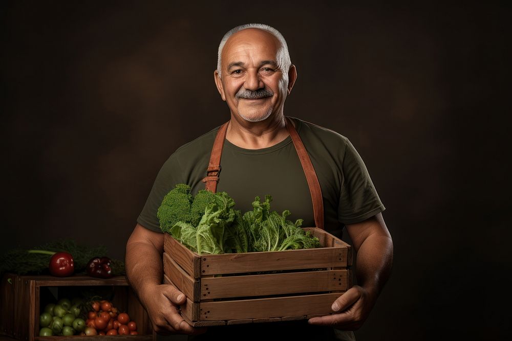 Old man farmer smiling holding vegetable crate produce person adult.