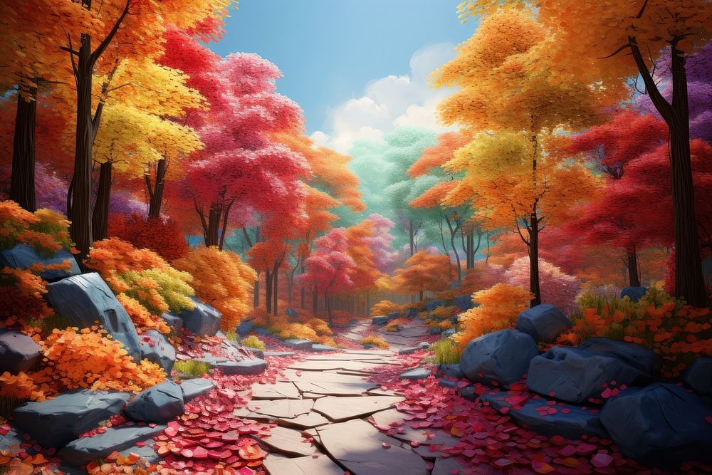 Vibrant and expansive field of autumn forest under a bright blue accessories landscape accessory.