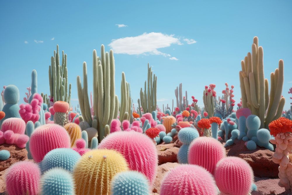 Vibrant and expansive field of Cactus under a bright blue cactus hat outdoors.