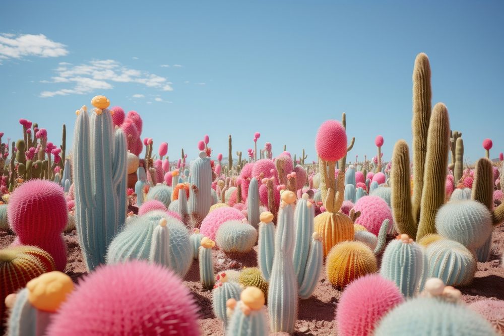 Vibrant and expansive field of Cactus under a bright blue cactus outdoors scenery.