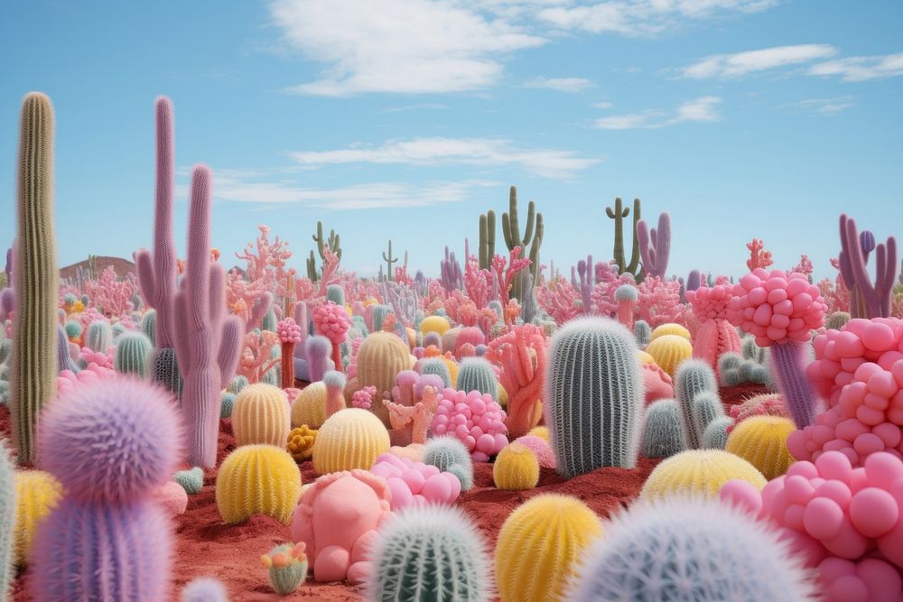 Vibrant and expansive field of Cactus under a bright blue cactus outdoors scenery.