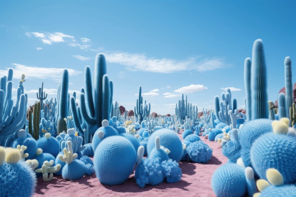 Vibrant and expansive field of Cactus under a bright blue landscape outdoors scenery.