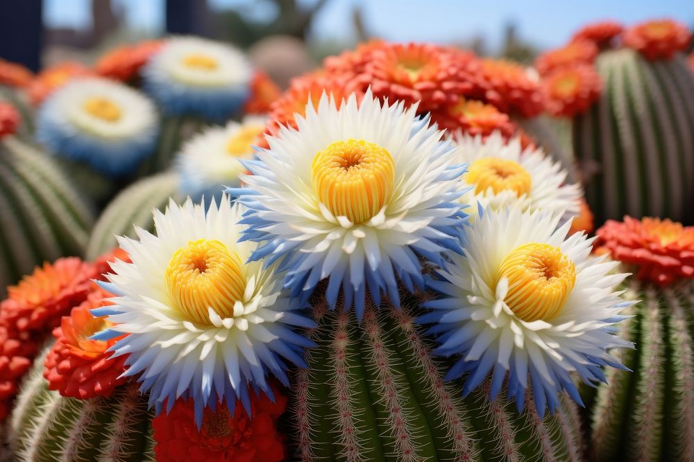 Vibrant and expansive field of Cactus under a bright blue cactus petal asteraceae.