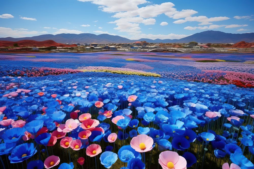 Vibrant and expansive field of poppies under a bright blue petal outdoors landmark.
