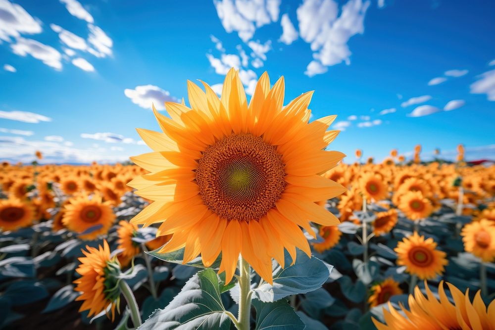 Vibrant and expansive field of Sunflower under a bright blue sunflower landscape outdoors.