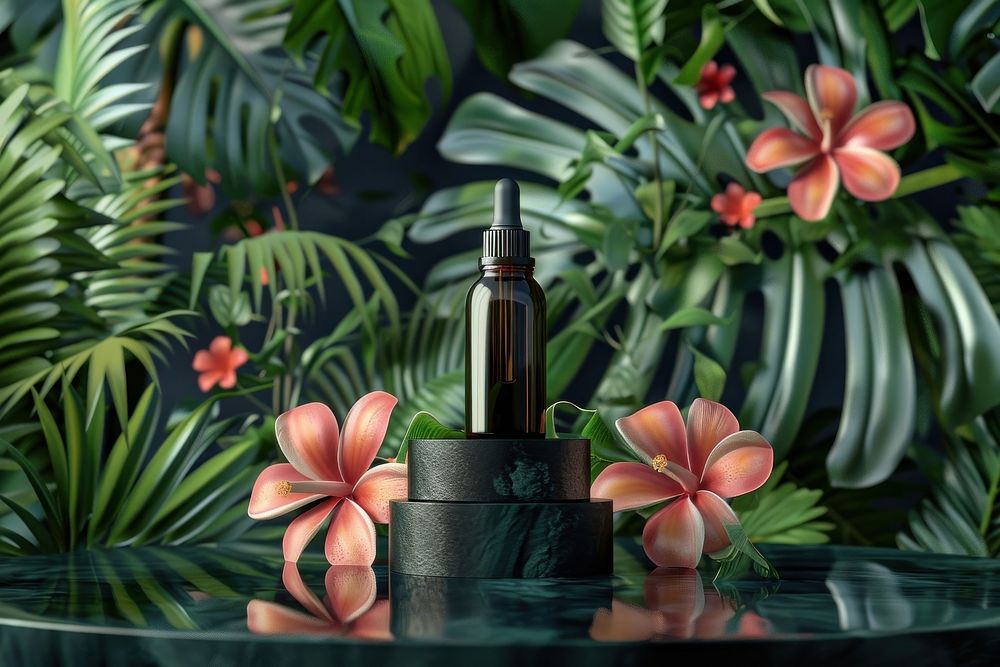 Photo of essential oil flower cosmetics blossom.