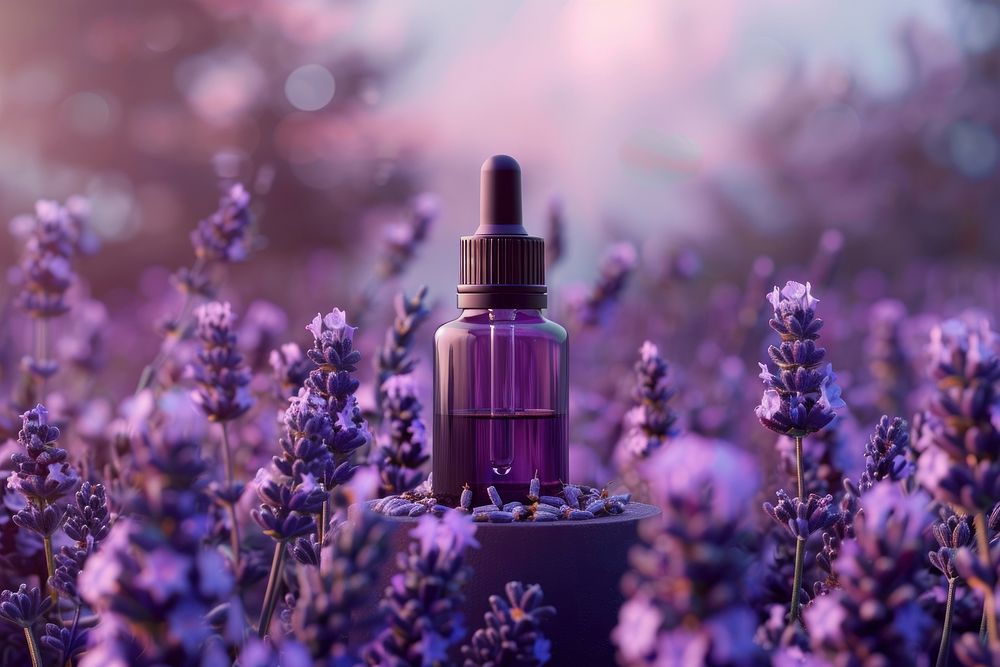 Photo of essential oil lavender flower cosmetics.