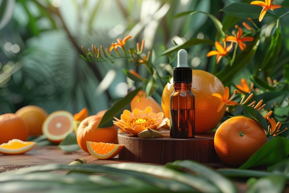 Photo of essential oil nature grapefruit cosmetics.